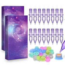 ATOMUS 20pcs lila Tattoo Patrone Nadeln 1003RL Tattoo Nadeln für Tattoo Gun Pen Liner Muster Permanente Augenbraue mit Einweg 20pcs Silikon Tinte Tassen für Stift Rotary Machine Tattoo Supplies