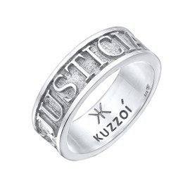 Kuzzoi 0607821522 Men's Band Ring Solid (8 mm) in 925 Sterling Silver, Wide Silver Ring with Lettering JUSTICIA VERITAS Ring for Men in Ring Size 60 - 66 mm