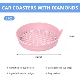 NYTKL 2 PCS Bling Car Cup Coaster, Crystal Rhinestone Cup Holder Insert for Car Interior Decoration, Non Slip Shockproof Silicon Sparkly Drink Met Universal for Most Vehicles (Pink)
