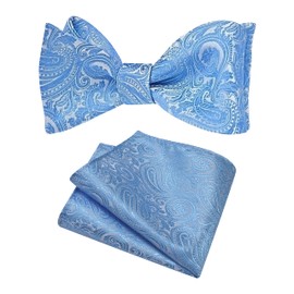 Gusleson Baby Blue Self Tied Bow Tie Mens Silk Paisley Bow tie Pocket Square Set for Wedding (UK0652-18)