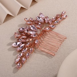 Teyglen Bridal Crystal Hair Comb Full Rhinestone Wedding Hair Comb Pink Teardrop Crystal Hair Piece for Bride Wedding Hair Accessories for Women Bridal Headpiece (Pink)