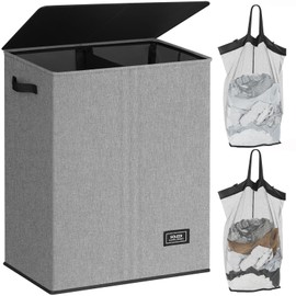 SOLEDI Double Laundry Hamper with Lid, 130L Clothes Hamper 2 Section, Laundry Basket with Removable bag, Bed room decor aesthetic, laundry room organization, Home and dorm room essentials