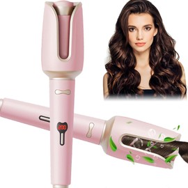 Rotating Curling Iron, 1.26 Inch Automatic Curling Wand with 4 Temperatures & Auto-Off Function, Anti-Scald, Anti-Tangle, Hair Curler for Women and Beginners (Pink)