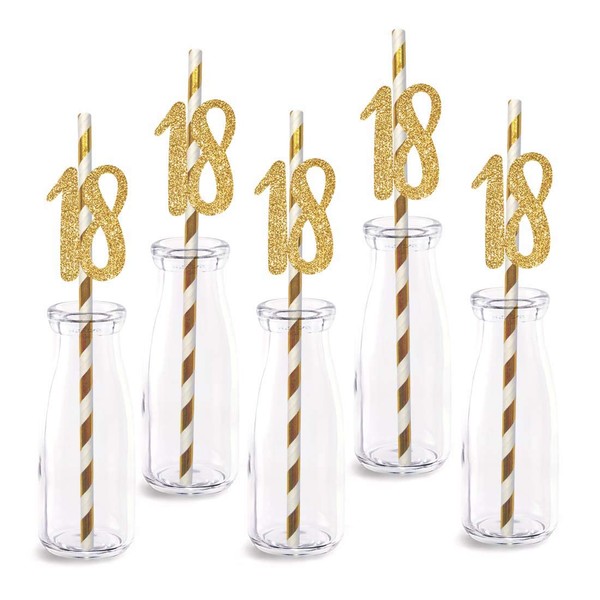 18th Birthday Paper Straw Decor, 24-Pack Real Gold Glitter Cut-Out Numbers Happy 18 Years Party Decorative Straws