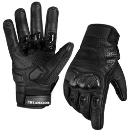 The AMA LOOK Leather Motorcycle Gloves, Carbon Knuckle Protection, Touchscreen Powersports Motorbike Gloves, Racing Riding Gloves (Black, L)