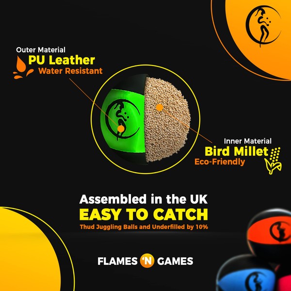 Flames 'N Games ASTRIX UV Thud Juggling Balls set of 5 Pro 6 Panel Leather Juggling Ball Set & Travel Bag! (Mix)