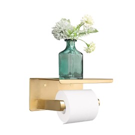 NearMoon Toilet Paper Holder with Shelf, Heavy Duty Bath Toilet Roll Holder with Phone Shelf Tissue Hanger for Bathroom/Kitchen No Drill or Wall Mounted(304 Stainless Steel, Brushed Gold)