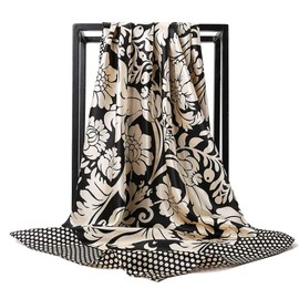 YOUR SMILE Silk Feeling Scarf Women's Fashion Pattern Black Floral Large Square Satin Headscarf (315)