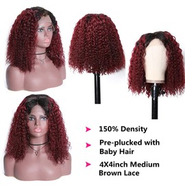 Lace Closure Wigs for Black Women 1B/99J Short Bob Wigs 150% Density Pre Plucked Natural Hairline Deep Curly Wigs 2 Tone Burgundy Afro Curly Human Hair Wig (20inch)