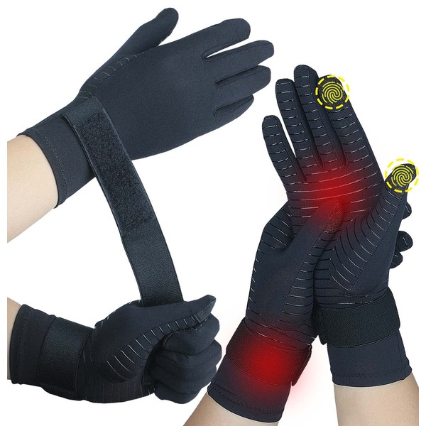 2 Pairs Copper Arthritis Gloves, Full Finger Compression Gloves for Men and Women, Arthritis Pain Relief for Carpal Tunnel, RSI, Tendinitis, Hand Pain Typing Gaming Wrist Support (S/M)