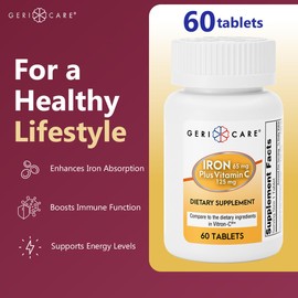 GeriCare Iron 65mg Plus Vitamin C 125mg Tablets – High-Absorption Iron for Anemia Support, Red Blood Cell Production, Fatigue Reduction, and Immune Health – 60 Count