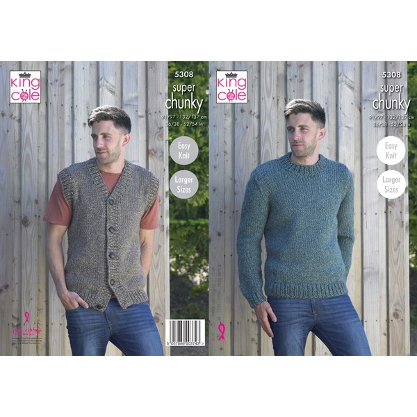 King Cole 5308 Knitting Pattern Mens Waistcoat and Sweater in Big Value Super Chunky Stormy, 36" - 54" Chest