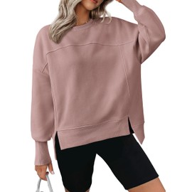 BTFBM Women's Casual Crewneck Sweatshirts 2024 Fall Winter Clothes Long Sleeve Side Slit Workout Fleece Pullover Tops(Grey Pink, Medium)