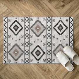 Western Area Rug 2x3 Southwestern Grey Small Carpet Machine Washable Door Mat Low Pile Floor Rugs Aztec Indoor Print Soft Non Slip Rug for Entryway Bathroom Kitchen Home Decor 2'x3'