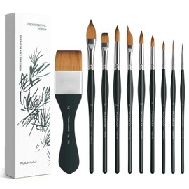 Fuumuui 10PCS Professional Watercolour Brushes, Synthetic Kolinsky Sable Hair Brush Set with Ergonomic Triangular Handle Round, Flat, Cat's Tongue, Dagger for Watercolor Acrylic Gouache Inks Painting