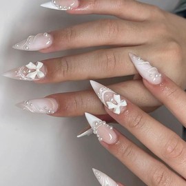 24Pcs Almond Press On Nails，Almond Shaped Press On Nails, Almond Nails Press On，White French Long Tips Fake Nails with Pearl Bow Charm Design Artificial Nails Stick on Nails For Women