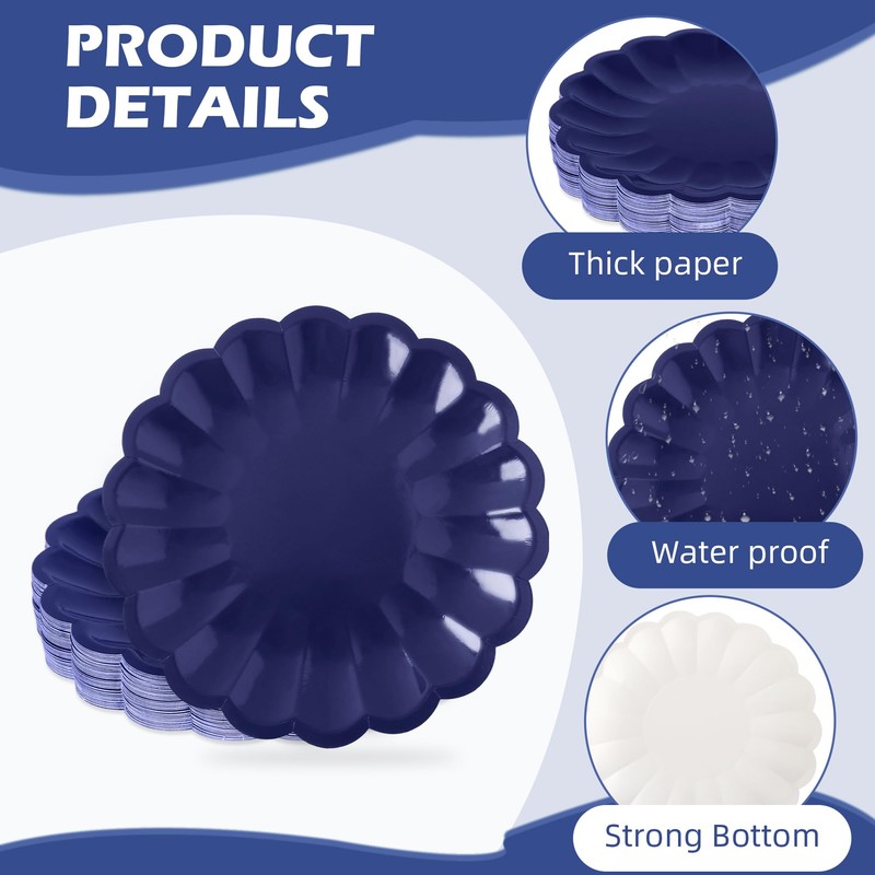 AllReal 48 Pcs Navy Blue Scalloped Disposable Party Paper Plates