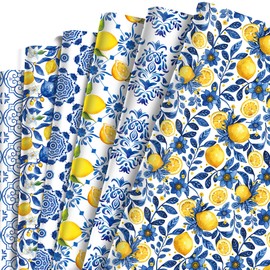 Jajajuegos 12-Sheet Chinoiserie Lemons Wrapping Paper Set | Watercolor Blue Tiles & Yellow Lemon Designs | 19.7x27.6 Inch Folded Flat Art Paper for Gift Wrapping, DIY Crafts, Weddings & Birthdays.