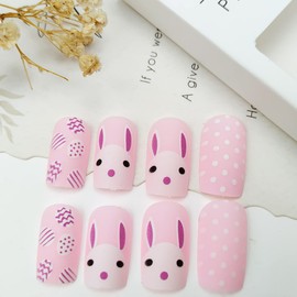 Easter Bunny Press on Nails Short, Easter Eggs Fake Nails Square Pink Glue on Nails with Color Swirls Eggs Cute Rabbit White Dot Design Easter Fake Nails for Women Girls Daily Wear in 24PCS