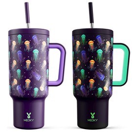 Meoky Water Bottle with Straw Tumbler Large Capacity 1200ml Vacuum Insulated Stainless Steel Bottle with Handle Thermos Popular Lid Design Outdoor Dishwasher Safe (Luminous Jellyfish, 1200ml)