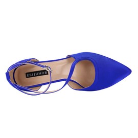 ERIJUNOR Zapatos de tacón medio para mujer, cómodos, con tiras de tobillo, con punta de raso, para bodas, fiestas de noche, Azul / Patchwork, 11
