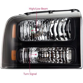 GRAND ORANGE Headlights Assembly Compatible with 2005-2007 Ford F250 F350 F450 F550 Super Duty/Fit 2005 Ford Excursion Headlamp Driver & Passenger Side Clear lens Black Houing Amber Reflector