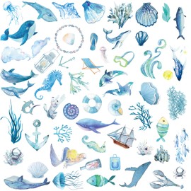 Watercolor Ocean Animal Stickers, 50 Pcs Cute Ocean Sea Life Stickers for Water Bottle Laptop Luggage Computer Phone Guitar Scrapbook, Blue Marine Life Vinyl Decals for Kids Teens Girls Adults