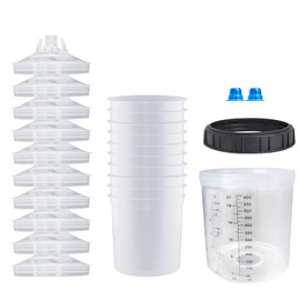 Disposable Paint Gun Cups Spray Gun Cup Liners and Lid System 20 Ounce (600ml) Paint Sprayer Mixing Cup for HVLP Spray Gun 10 Cup Liners, 10 Lids with Strainer, 1 Hard Cup with Retainer Ring, 2 Plugs