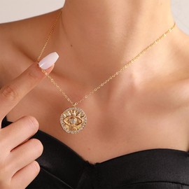 Allereyae Punk Evil Eye Coin Pendent Necklace Gold Disc Choker Cz Evil Eye Necklace Crystal Coin Chain Medallion Choker Jewelry for Women