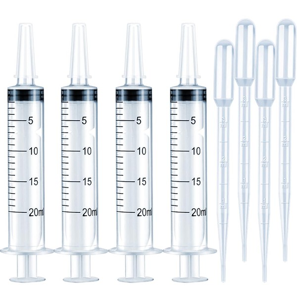 4 Pack 20mL Syringes for Lip Gloss Making Supplies Liquid TKP Lipgloss Base Flavoring Oil Oral Medicine Injection Feeding- with Tip Cap and Pipettes
