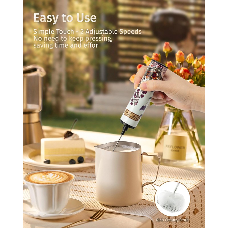 INFOOD Milk Frother Rechargeable with Cover - Coffee Frother Wand,