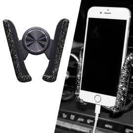 Jewkot 1 PC Bling Car Mobile Phone Holder, Rhinestones-Encrusted Dashboard Air Vent Snap-on V-Shaped Support Bracket, 360°Adjustable Navigation Stand Mount Accessory, for Most Car Models (Black)