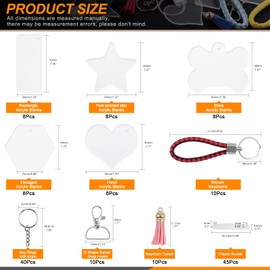 Rustark 155Pcs Clear Acrylic Keychain Blanks Assortment Kit with Tassel Keychain and Metal D Ring Swivel Clasps and Accessories for DIY Crafts