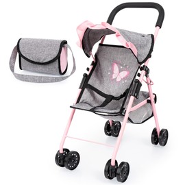 Bayer Design: Doll Buggy - Grey-Soft Pink-Butterfly - Handbag, Folding Play Stroller for Dolls Up to 16", Sunshade, Swivel Wheels, Seat Belt, Kids 3+