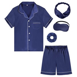 ALHAVONE Kids Girl Pajama Set with Headband Blindfold Hair Tie Toddler Boy Girl Satin Silky Button-up Pajama Sleepwear (Navy-short, 160)