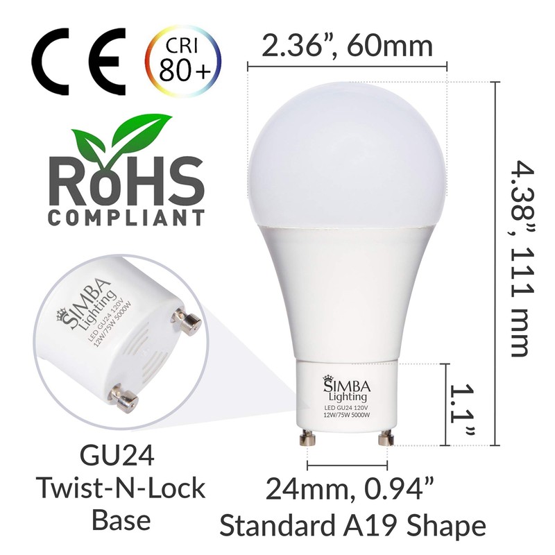 Simba Lighting LED GU24 A19 Light Bulb 12W 75W to