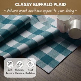 Native Fab Table Runner Buffalo Check Plaid 100% Cotton - 13x102 Inches Kitchen Dining Table Decoration for Indoor Outdoor Farmhouse Home Party Decor - Teal Green and White