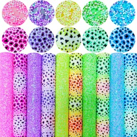 Greatdiy 10pcs Sparkly Rainbow Leopard Printed Faux Leather Sheets 8 x 12 inch Shiny Glow in The Dark Chunky Glitter Fabric for Bows Earrings (Rainbow Leopard)