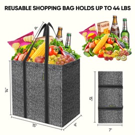 BALEINE 4 PK Grocery Bags Reusable Shopping Bags with Reinforced Bottom, Heavy Duty Foldable Tote Bags (Grey)