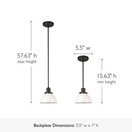 Design House Savannah Rustic Farmhouse Pendant Light, Dimmable, Matte Black, White Metal Shade, 8 in x 8 in x 57.63 in, 588327