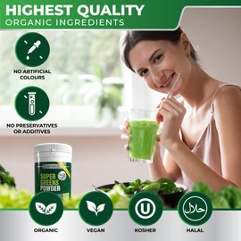 Super Greens Powder - 40 Organic Plant Ingredients for Gut Health - Vegan - Gluten-Free Superfood - 30 Day Supply - 300g (One Size, Vegetable with Extra Mushrooms)