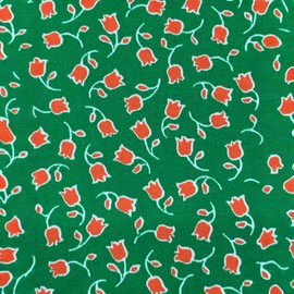 Floral Tulip Print Knit Fabric, Green and Coral, Brushed Apparel Material 56 Wide Sold by The Yard