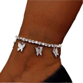 Carufin Crystal Butterfly Anklet Silver Adjustable Anklet for Women Girls Beach Anklet Jewelry Gifts