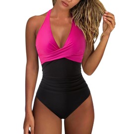 RXRXCOCO Women Cross Push Up Tummy Control One Piece Halter High Waisted Swimming Costume Swimsuits Swimwear