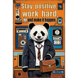 Seeyoo Vintage Metal Signs - Stay positive work hard - Panda Theme - Retro Wall Art Decor for Home, Garage, or Office - Durable Tin Sign for Unique Wall Decor