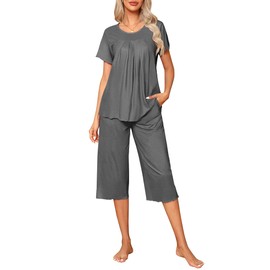 Ekouaer Pajama Set for Women 2 Piece Capri Pants Short Sleeve Top Sleepwear Soft Pjs Loungewear with Pockets S-3XL Dark Gray