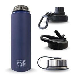 FZTRENDZ Insulated Water Bottle, 22 oz, Stainless Steel, Black and Blue, 3 Interchangeable Lids, Straw, Leak Free & BPA Free (Blue)