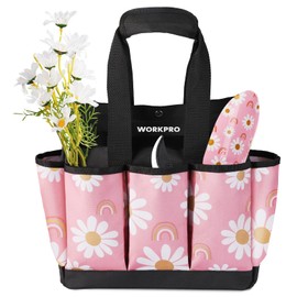 WORKPRO Garden Tool Bag, 9 Pockets Gardening Bag, Heavy Duty Oxford Garden Tote Caddy (Tools NOT Included), 12" x 12" x 6"-Pink Ribbon