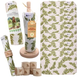 Reusable Cotton Kitchen Rolls, Pack of 10, Washable Kitchen Rolls with Wooden Holder, Made in the EU, Mehrveg Reusable Fabric Kitchen Towels, Reusable Kitchen Towels