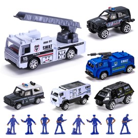 14 Pack Die-cast Police Rescue Truck Vehicles Sets,6 Pack Mini Police Vehicles Model Car Toys, 8 Policemen，Mini Alloy Metal Pull Back Car Toys for Boys Girls Toddlers Birthday Christmas Party Favors